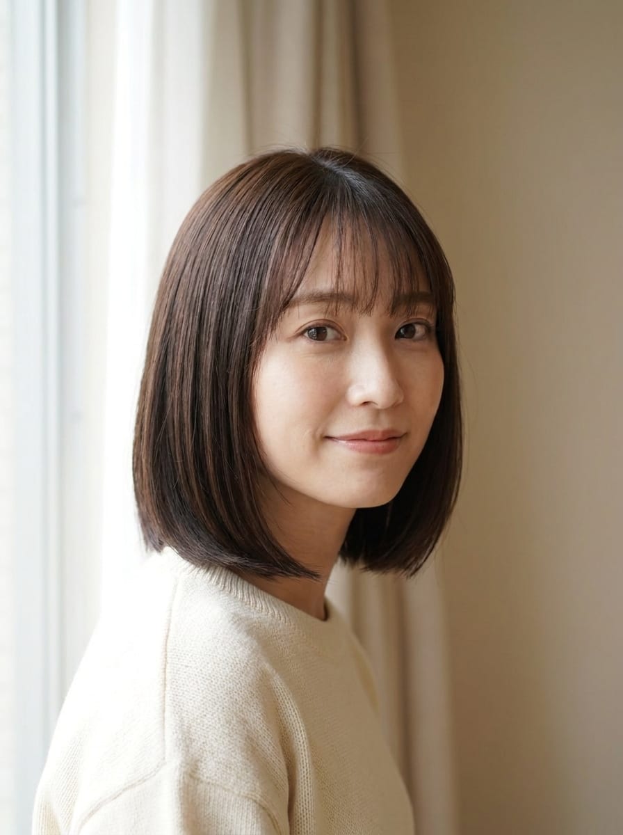 Glatter Long Bob mit Wispy Pony - mittellange Frisur mit Pony